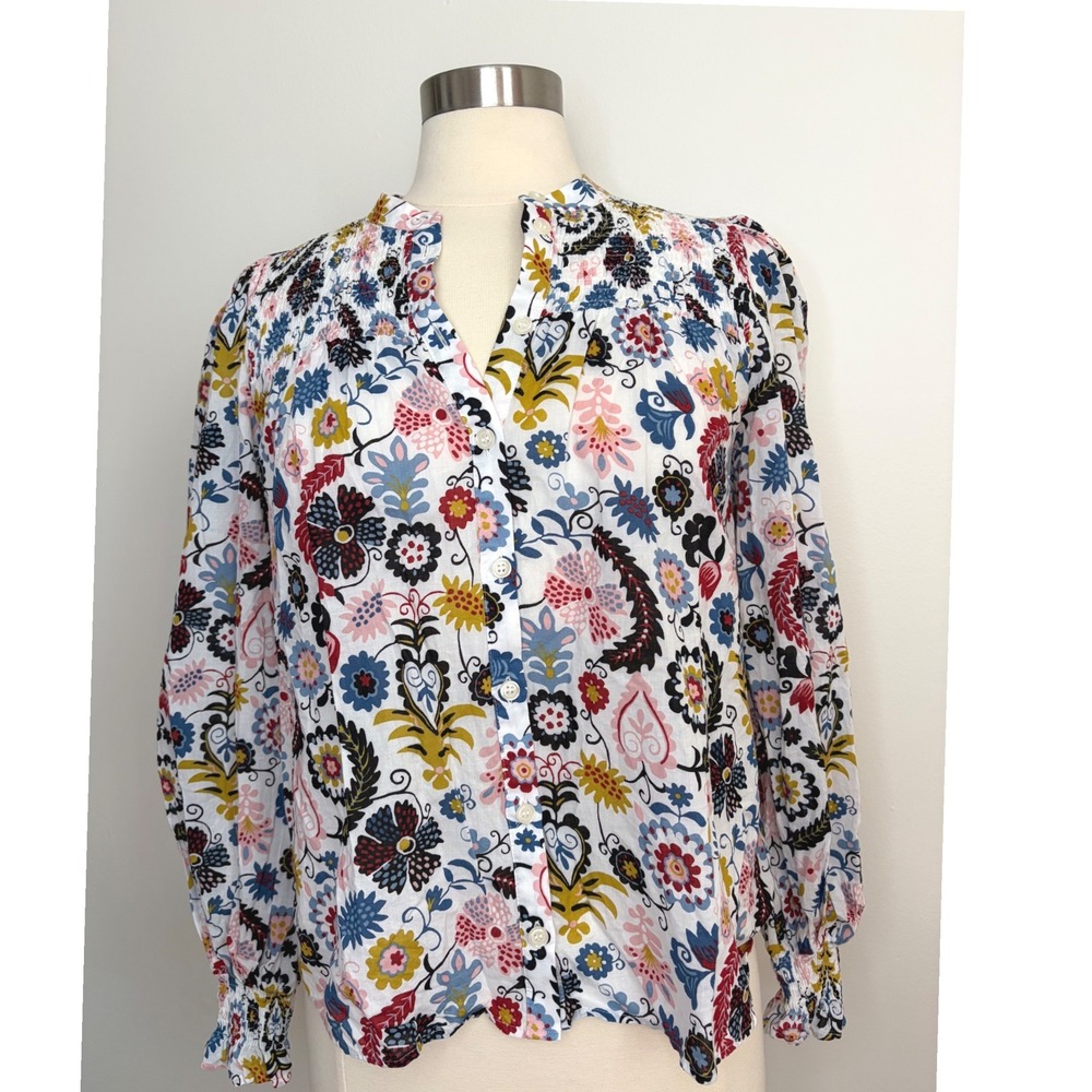 Boden Womens Floral Smocked Yoke Cotton Blouse Multicolor Long Sleeve Top 4 Boho